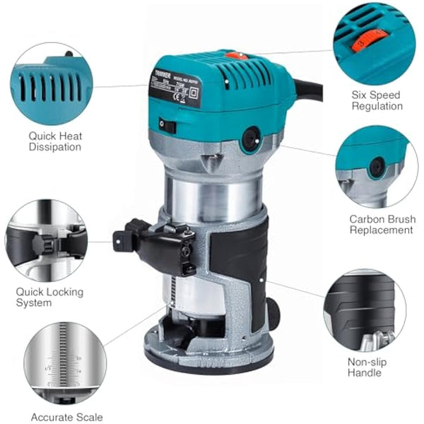 Anesty Palm Router Trimmer, Woodworking Hand Router with Trimmer Base, Handheld Wood Compact Trim Router Power Routers Tool with 15pcs 6.35mm Router Bit Set