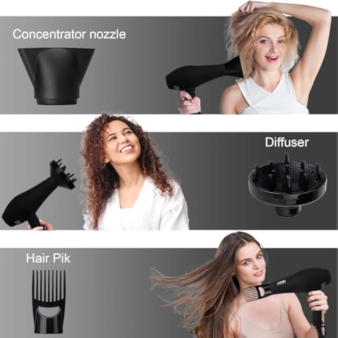 JINRI Hair Dryer, 2400W Professional Salon Hairdryer Negative Ionic Blowdryer Powerful AC Motor Quick Drying with 2 Speed 3 Heat, with Diffuser & Concentrator & Comb for Salon Hairstyles
