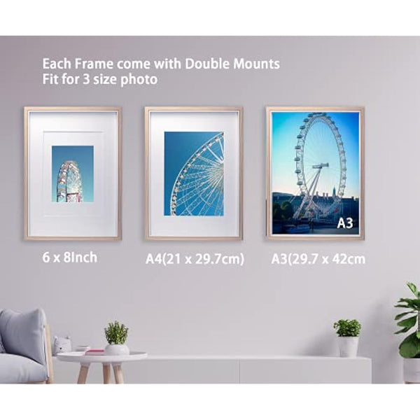 A3 Wooden & white Two Tone Picture Frames Set of 3 with Double Mounts for A4 & 6x8 photo, A4 boxed photo frames for 3pack, A3 wooden Poster Frame with Mount for picture Frames