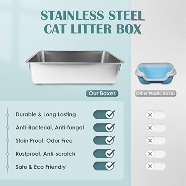 Stainless Steel Cat Litter Box, Large Metal Litter Tray for Cats Rabbits, Never Absorb Odors, Stain Free, Rustproof, Non Stick Smooth Surface, Anti-Slip Rubber Bottom, Easy to Clean, 23.5"Lx15.5"Wx6"H