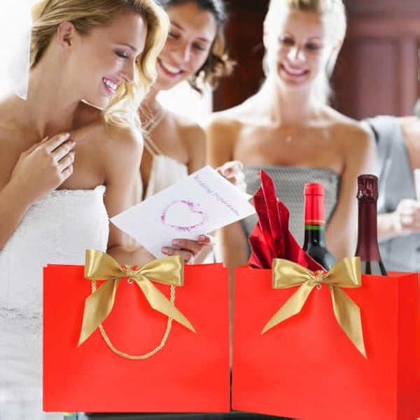 10pcs Gift Bag With Gold Ribbin Luxury Paper Party bag With Handles For Wedding Birthday Baby Shower Halloween Christams((32 * 25 * 10cm) (Red)