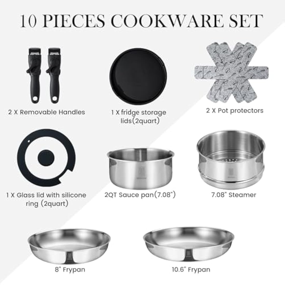 ROYDX 18/10 Stainless Steel Pots and Pans Set with Steamer and Removable Handle, 10 Piece Stackable Induction hob pan Set, Frying Pans with Saucepan for All Stoves Oven Proof, for Single and Student
