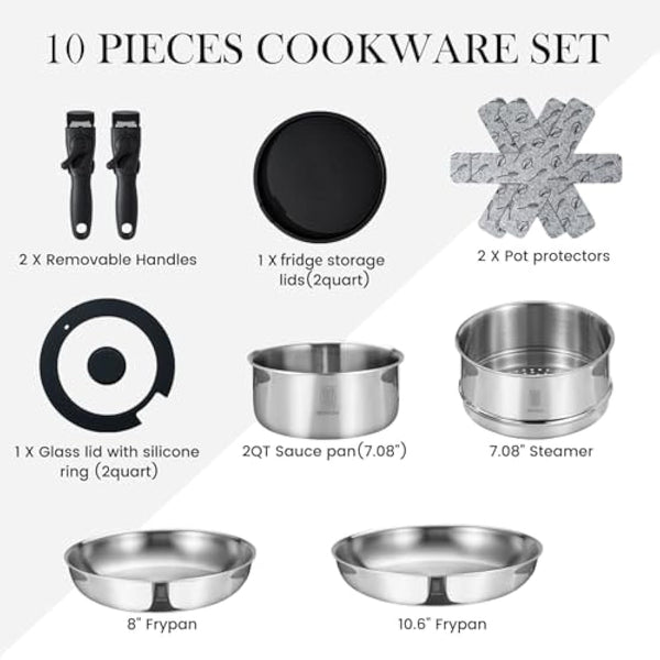 ROYDX 18/10 Stainless Steel Pots and Pans Set with Steamer and Removable Handle, 10 Piece Stackable Induction hob pan Set, Frying Pans with Saucepan for All Stoves Oven Proof, for Single and Student
