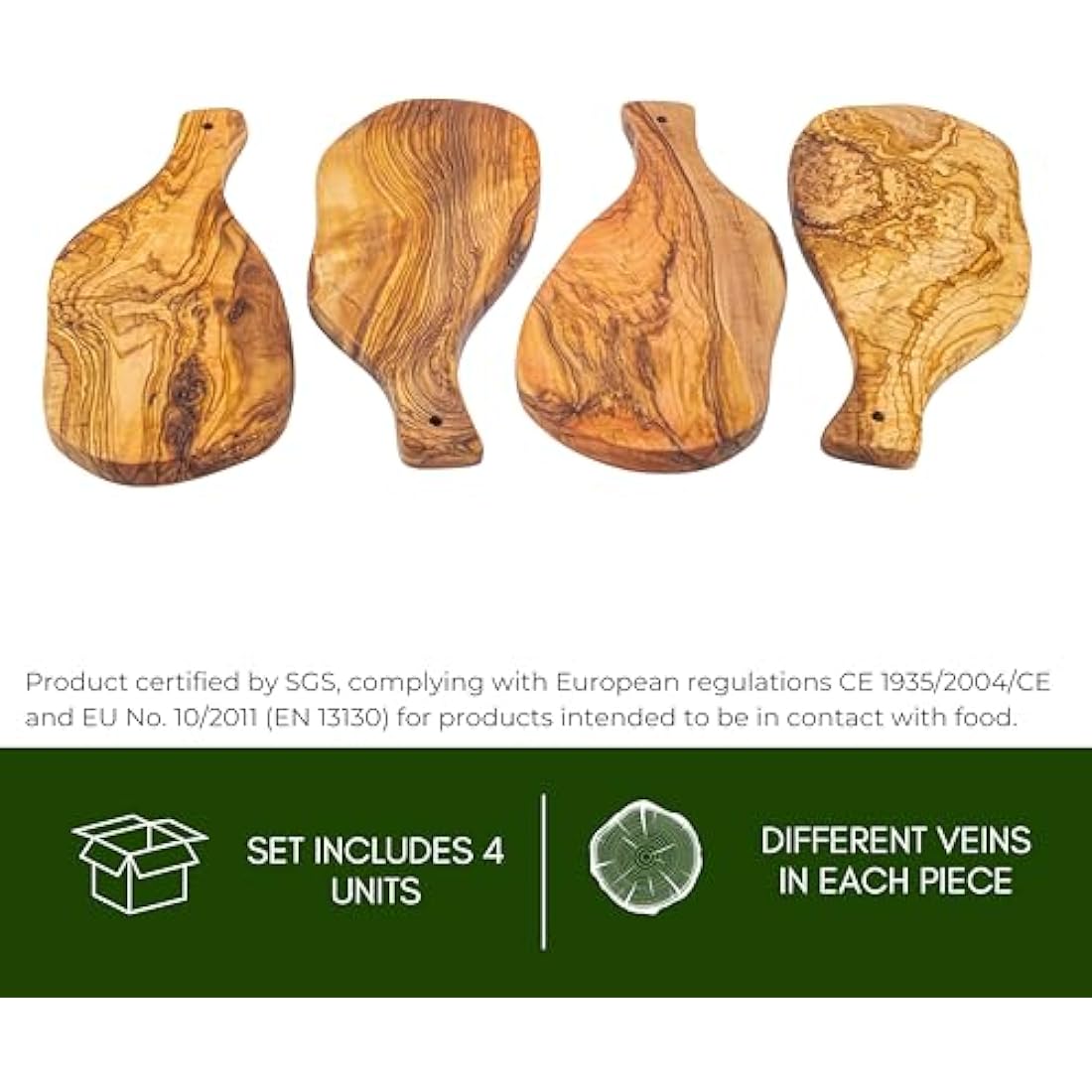 Erreke Wooden Chopping Board Set, Handmade Natural Olive Wood, Small Serving Boards, Ideal for Tapas Appetizers Cheese Ham Bread, Mediterranean Style, 28x13 cm Set of 4