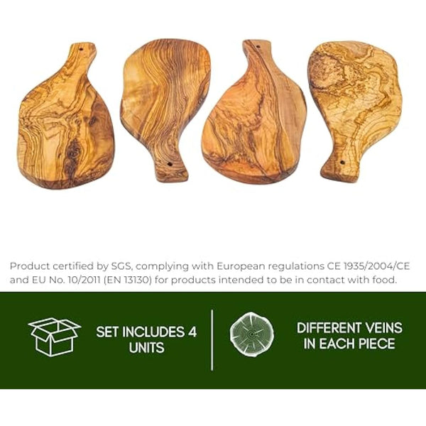 Erreke Wooden Chopping Board Set, Handmade Natural Olive Wood, Small Serving Boards, Ideal for Tapas Appetizers Cheese Ham Bread, Mediterranean Style, 28x13 cm Set of 4