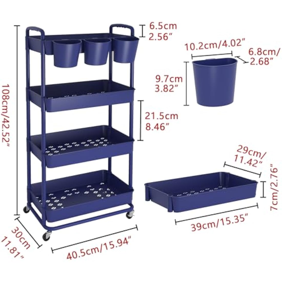 JIUYOTREE 4-Tier Plastic Rolling Storage Cart Utility Cart with Extra Hanging Cups Handles Lockable Wheels for Living Room Bathroom Kitchen Office Blue