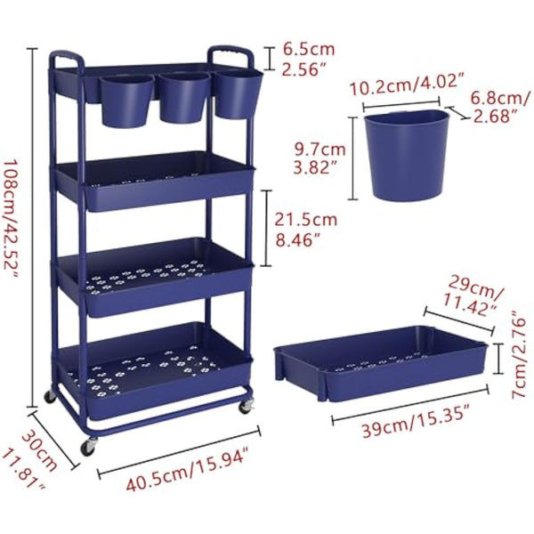 JIUYOTREE 4-Tier Plastic Rolling Storage Cart Utility Cart with Extra Hanging Cups Handles Lockable Wheels for Living Room Bathroom Kitchen Office Blue