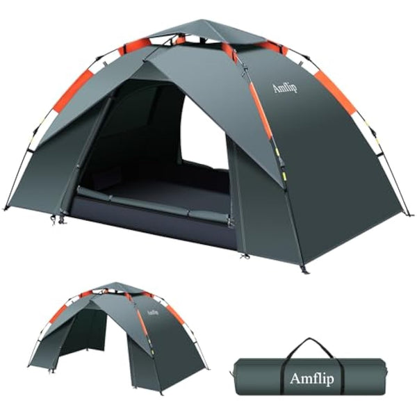 Amflip Camping Tent Automatic 1 Man Person Instant Tent Pop Up Ultralight Dome Tent 4 Seasons Waterproof & Windproof Camping Tent with Removable Outer Tarpaulin, Double Layers