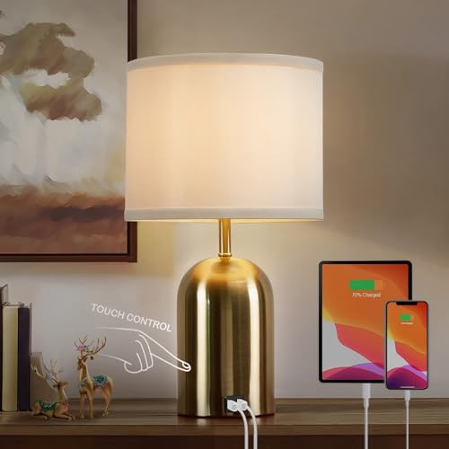 GyroVu Bedside Lamp with USB Port, Touch Control Table Lamp for Bedroom 3 Way Dimmable Modern Nightstand Lamp with Fabric Shade Gold Base for Living