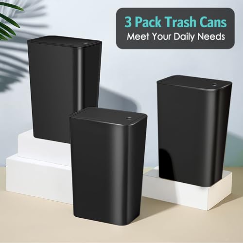 Kssvzz 3 Pack Small Bathroom Bin with Lid, 10L Plastic Touch Top Bedroom Bin, Slim Toilet Bin Anti-Odour, Square Waste Bin for Kitchen/Office, Fits Under Sink/Desk/Cabinet (Black)