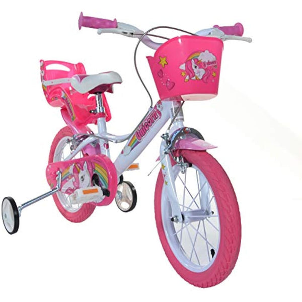 Dino Bikes Unicorn Kids Bike 16-inches, Girls, White/Pink with Doll Seat, Basket and Stabilisers