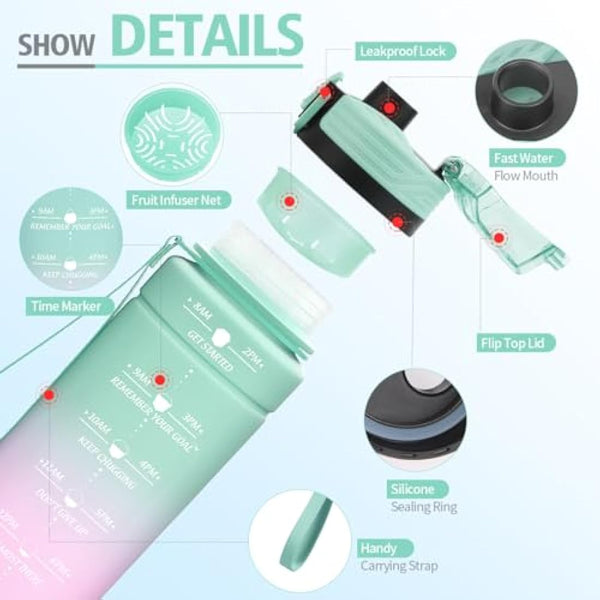 Niggeey Motivational Water Bottle with Time Marker, Sports Water Bottles 1.5l, 1l, 700ml, 500ml Kids Water Bottles, Leak Proof BPA Free Tritan Drink Bottle for School, Gym and Sport, Cycling