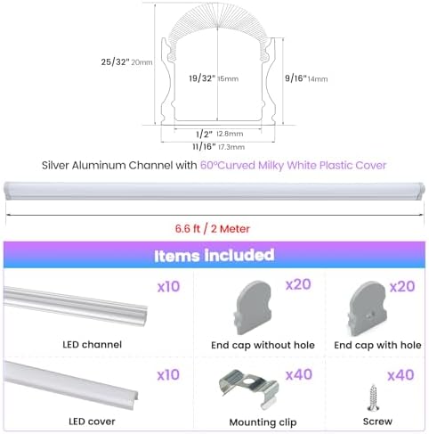 Muzata 10Pack 6.6FT/2M Excellent Spotless LED Aluminium Profile with Thicker Milky White Cover No Hot Spots Silver Deeper LED Strip Diffuser Channel Strip Light Diffuser U108 WW 2M