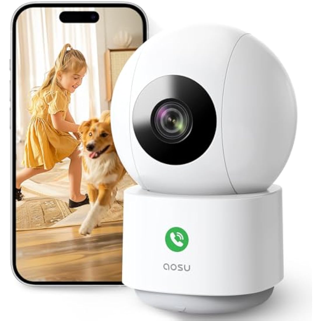 AOSU 2K WiFi Camera Indoor - Nanny Cam for Baby Room & Home, Plug-in, App Control, Pet Dog Monitoring, Motion Tracking, 360°View, 24/7 Recording, One-Touch Call, Two Way Audio