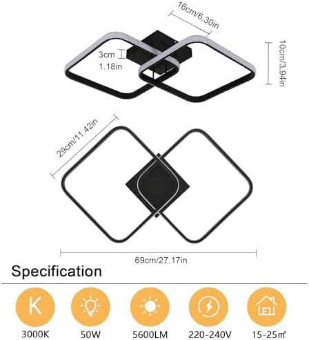 Goeco Dimmable LED Ceiling Light with Remote Control, 50W 5600LM 3000K-6500K Brightness Adjustable LED Ceiling Light, Square Ceiling Lamp for Living Room, Bedroom, Black