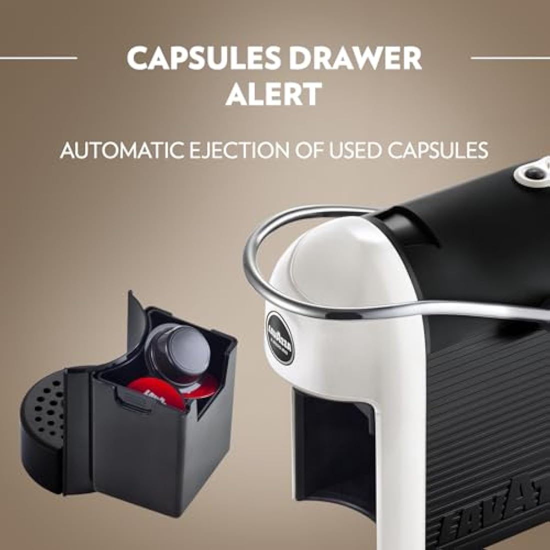 Lavazza, A Modo Mio Jolie EVO, Coffee Capsule Machine, Made from 36% Recycled Plastic, Compatible with A Modo Mio Pods, with Removable Cup Rest, Automatic Shut-Off, 1250 W, 220–240 V, 50–60 Hz, White