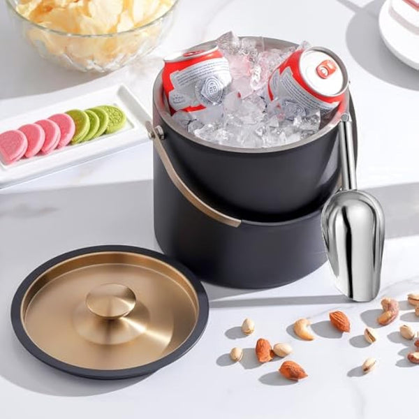 3.2L Modern Insulated Ice Bucket with Silicone Lid, Scoop, Strainer, Double Wall Stainless Steel Ice Bucket for Parties & Cocktail Bar,Ideal for Gift(Black)