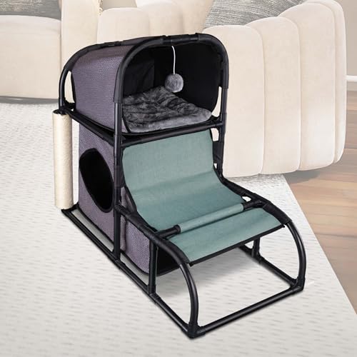 Goetland Modern Cat Tree House Condo Pet Furniture Large Cat Tower Bed Scratching Post Climber Peek Holes Dangling Toy