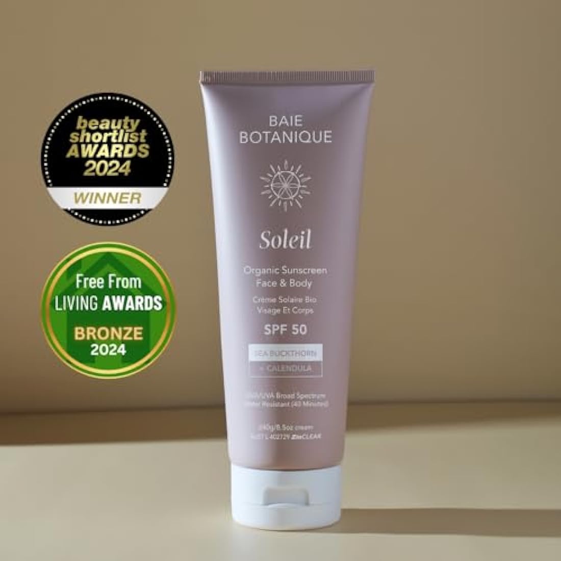 Baie Botanique Soleil - Organic Mineral Non Toxic Sunscreen - Face and Body Sunscreen Tube SPF 50 Sea Buckthorn & Calendula Natural Vegan No White Cast Chemical Filter Free Reef Safe UVA/UVB 240g