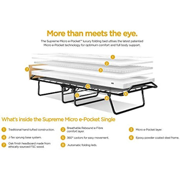 Jay-Be Supreme Folding Bed with Micro e-Pocket Sprung Mattress and Automatic Folding Legs, Compact, Single, Black