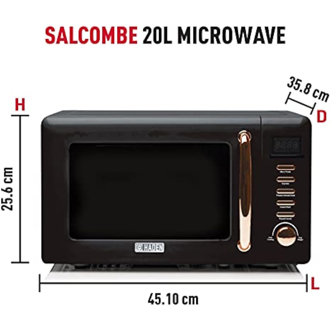 Haden Salcombe 800W Microwave Oven - Versatile with Defrost, Reheat & Cooking Functions - Spacious 20L Capacity - Convenient Digital Timer - 5 Power Levels - Sleek Black & Copper Design