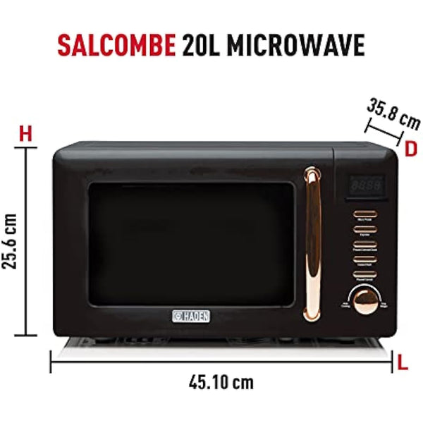 Haden Salcombe 800W Microwave Oven - Versatile with Defrost, Reheat & Cooking Functions - Spacious 20L Capacity - Convenient Digital Timer - 5 Power Levels - Sleek Black & Copper Design