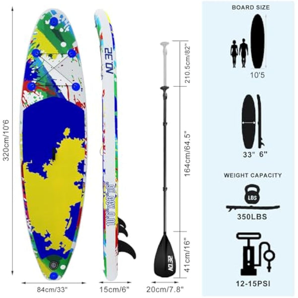 10'6" / 320m Inflatable Stand Up Paddle Board | Inflatable SUP Board Beginner's Surfboard Kit w/Adjustable Paddle | Air Pump w/Pressure Guage | Repair Kit | Premium Leash & Carry Backpack