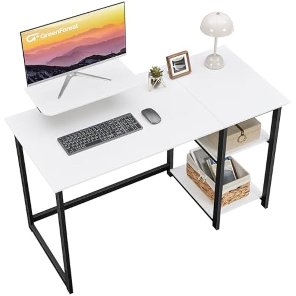 GreenForest Computer Desk with Monitor Stand,120cm Home Office Desk with Reversible Storage Shelves,Study Desk for Small Spaces,White