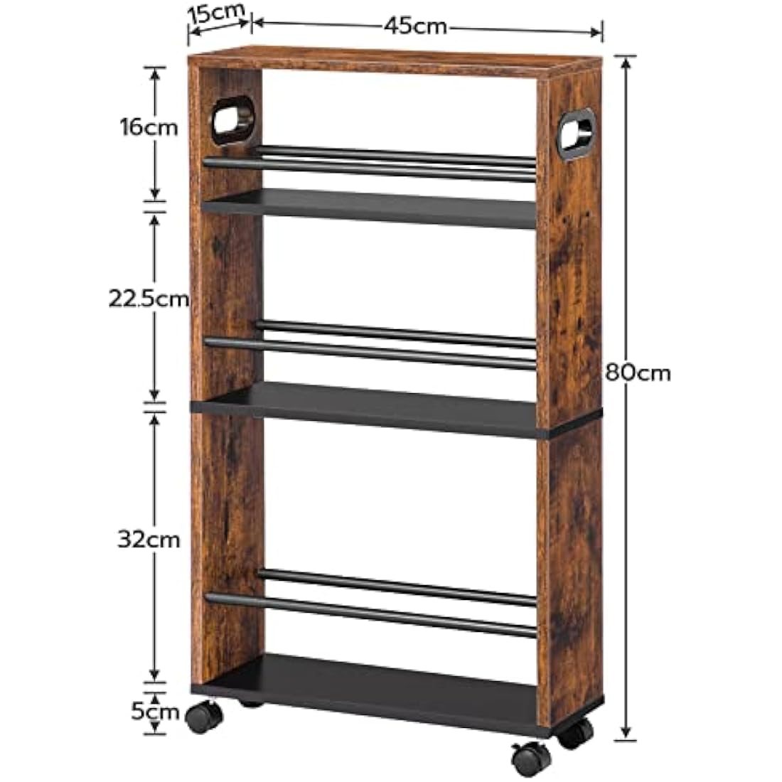 HOOBRO Slim Storage Trolley, Narrow Kitchen Cart for Small Space, Slide Out Kitchen Trolley on Wheels, 4-Tier Rolling Utility Cart with Handle, Bathroom, Living Room, Rustic Brown EBF15TC01