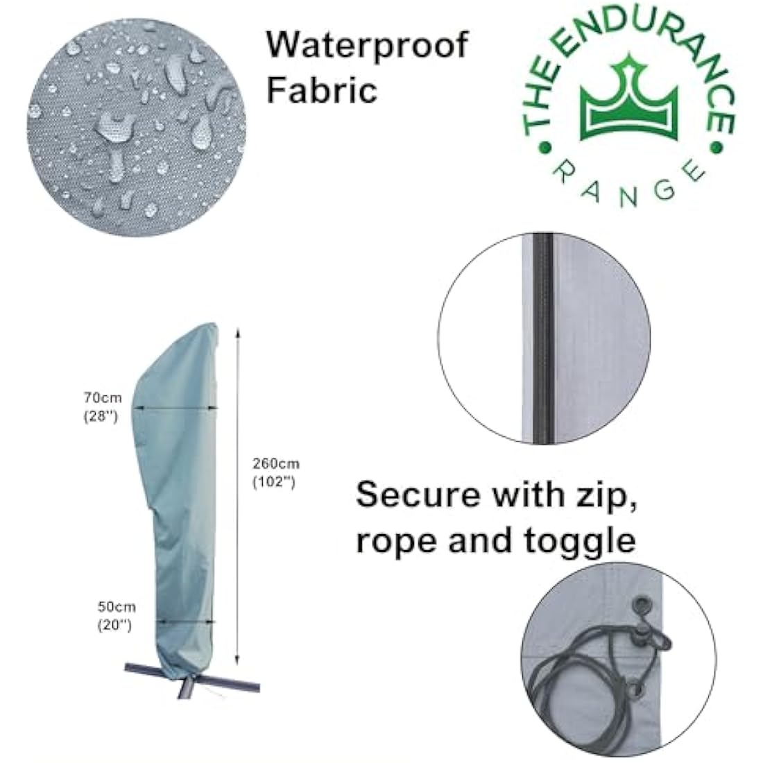 Kingsbridge Cantilever Parasol Cover, 600D Heavy Duty Fabric, Waterproof, Anti UV, fits up to 3M Parasols. Grey Outdoor Banana Overhanging Parasol Cover. Dimensions (Width x Height) 70cm x 260cm.