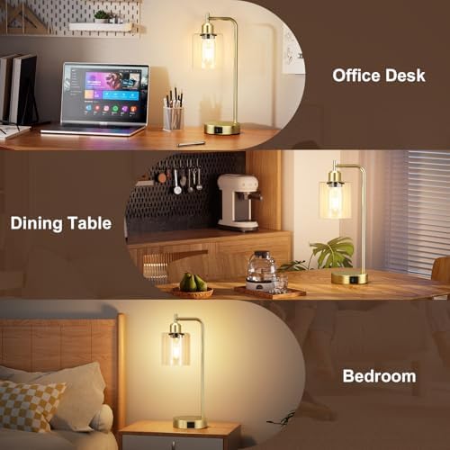 Aooshine Industrial Touch Lamps Set of 2, Gold Bedside Lamps Set of 2 with Glass Shade for Bedroom(Bulbs Included)