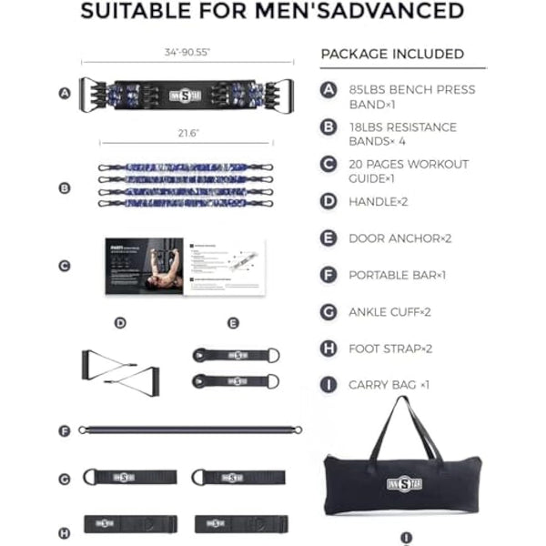 INNSTAR Portable Home Gym Set with Workout Bar, Bench Press Set, Squat Resistance Band, Door Anchor and More-Full Body Workout Equipment to Build Muscle and Shape Body
