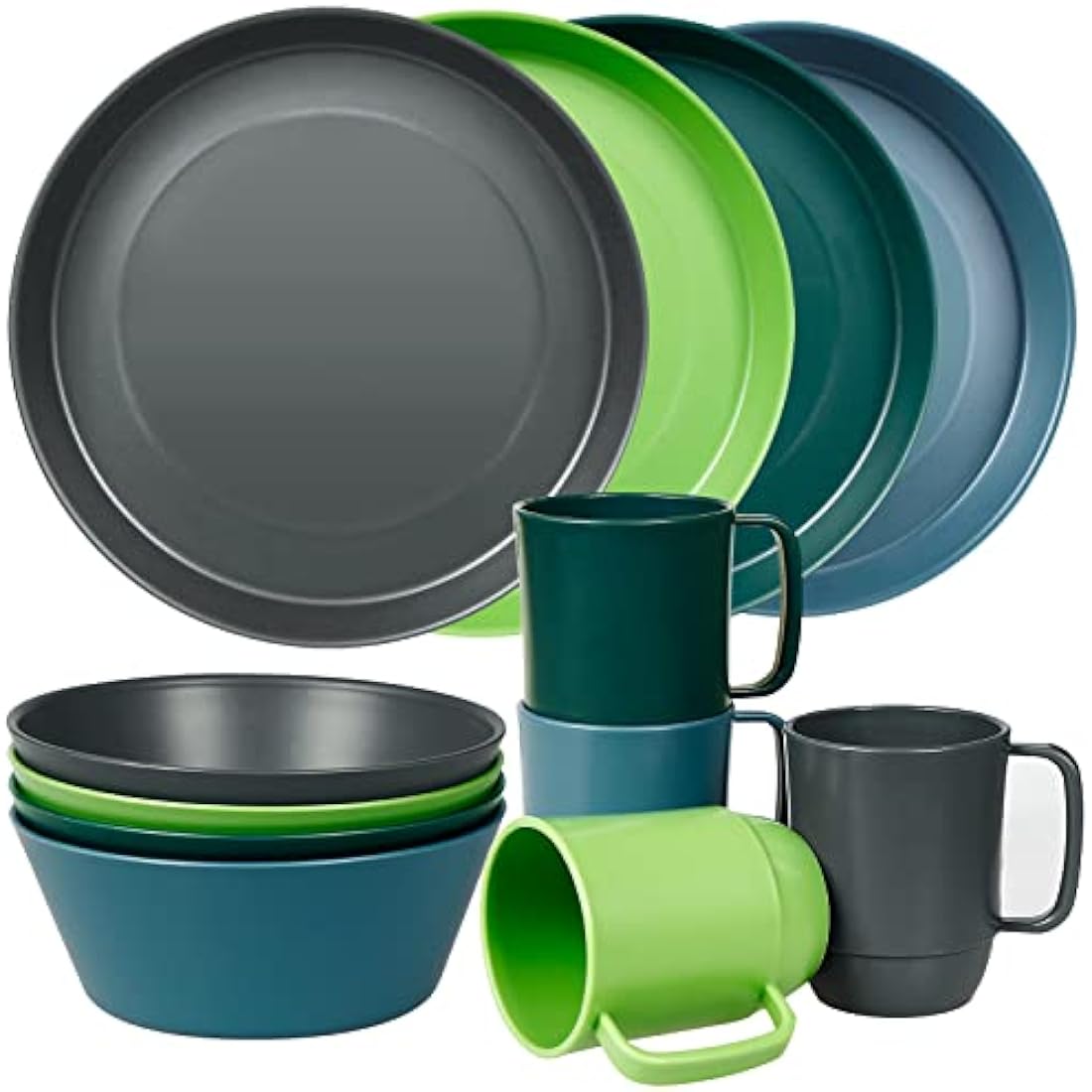 Greentainer Plastic Unbreakable Dinnerware Sets,12PCS Camping Tableware, Lightweight Plates, Bowls and Mugs, Microwave& Dishwasher Safe Plates Set, Service for 4, Great for Kids & Adults