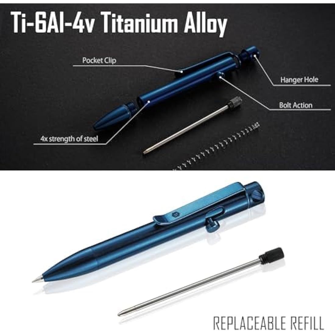 KeyUnity KP04 Titanium Alloy Ballpoint Pen with Clip, Retractable EDC Pocket Pen for Daily Use (Blue)