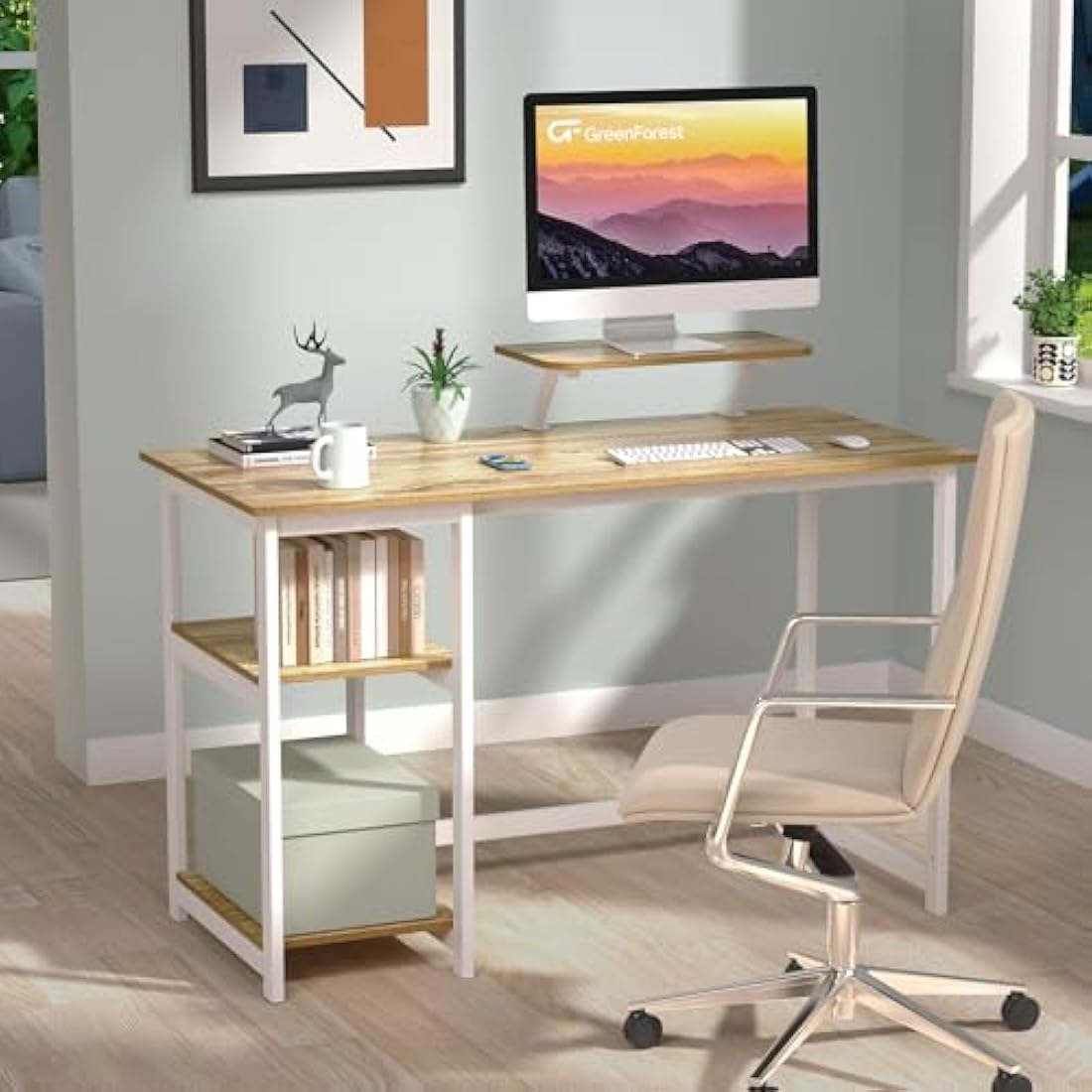 GreenForest Office Desk with Monitor Stand,100cm Home Computer Desk with Reversible Storage Shelves,Study Desk for Small Spaces,Oak
