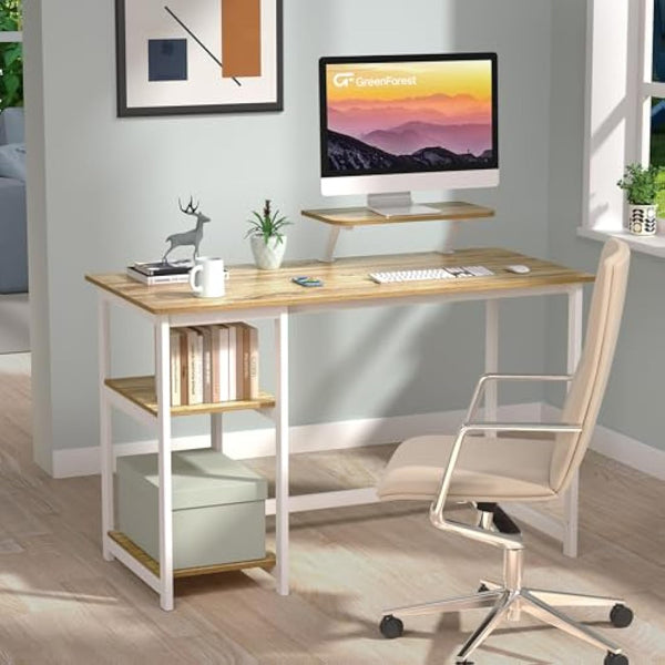 GreenForest Office Desk with Monitor Stand,100cm Home Computer Desk with Reversible Storage Shelves,Study Desk for Small Spaces,Oak