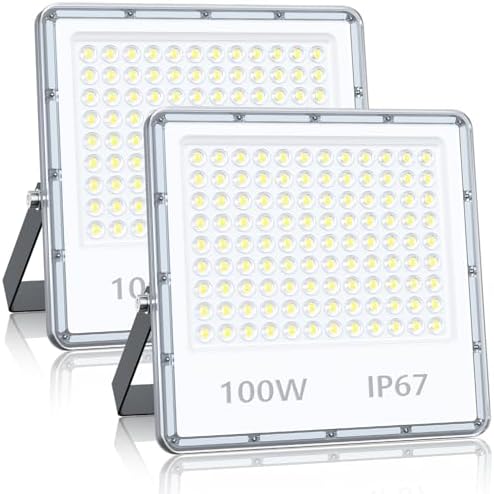 YIQIBRO LED Security Lighting Floodlight 100W - 10000LM IP67 Waterproof Outdoor Flood Lights Mains Powered, 7000K Cold White Outside Lights Mains Powered for Garden, Patio, Yard(2 Pack)