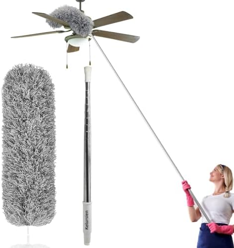 Feather Duster Extendable with Stainless Steel Extension Pole, 100 Inches Extra Long Telescopic Dusters, Microfiber Duster with Bendable Head for Cleaning Interior Roof, Cobweb, Ceiling Fan, Cars