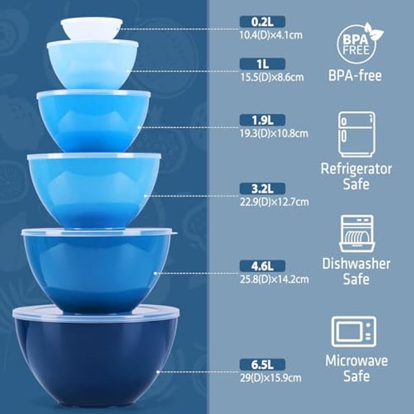 Luxear 0.2-6.5L Large Mixing Bowls with Lid Set of 6, Plastic Stackable Nesting Bowl with Fork or Spoon for Cooking, Storage, Baking, Fruit, Salads, Microwave, Dishwasher and Freezer, BPA-Free