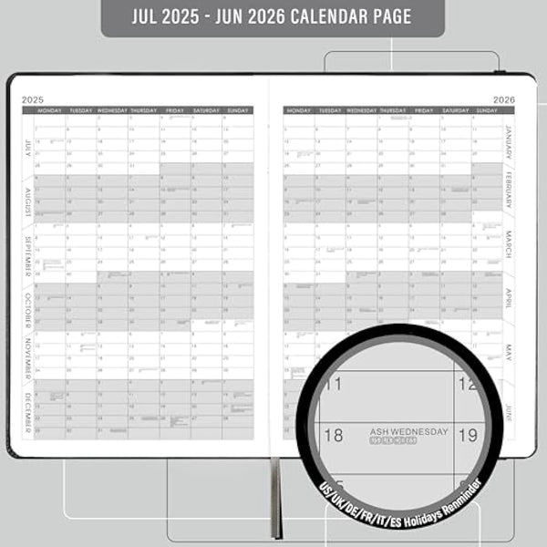 Acadmeic Diary 2025-2026 - Diary 2025-2026 Page a Day with Monthly Tabs, A5 Daily planner, From July 2025 to June 2026, Faux Leather Cover, Black
