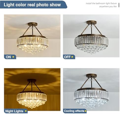 EOPSPYI 6-Lights Modern Crystal Chandelier Bronze Metal Semi Flush Mount Ceiling Light Fitting Round Ceiling Light for Dining Room Living Room Bedroom Bathroom Kitchen