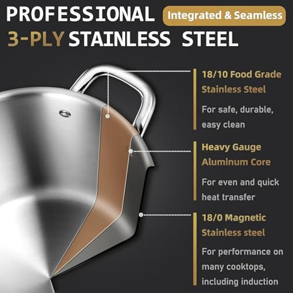 Joyfair Large Stock Pot, 10L Tri-Ply Stainless Steel Stockpot with Glass Lid, Induction/Gas/Ceramic/Electric/Halogen Safe Soup Pot for Simmering Stewing, Heavy-Duty & Riveted Handles & Easy Clean