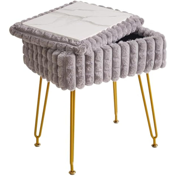 IBUYKE Rectangle Vanity Chair with Storage Space, Footrest Footstool Ottoman, Vanity Stool, Dressing Table Chair, with Anti-Slip Feet, for Makeup Room, Bedroom, Square grid pattern, Grey WBD004G