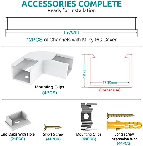 12 Pack Led Aluminum Profile for Philips Hue Led Strip Lights etc,1m/3.3ft U-Shape Led Aluminum Channel, Led Diffuser with Milky White Cover Indoor, End Caps and Metal Mounting Clips (12Meter)