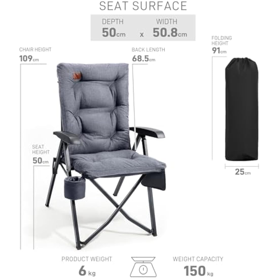 EVER ADVANCED Luxury Camping Chairs 2 Set for Adults Heavy Duty High Back Oversized Folding Garden Chair Comfy Padded 6cm Loadable 150kg Adjustable Dining Chairs 4-Position Recliner Chair Grey