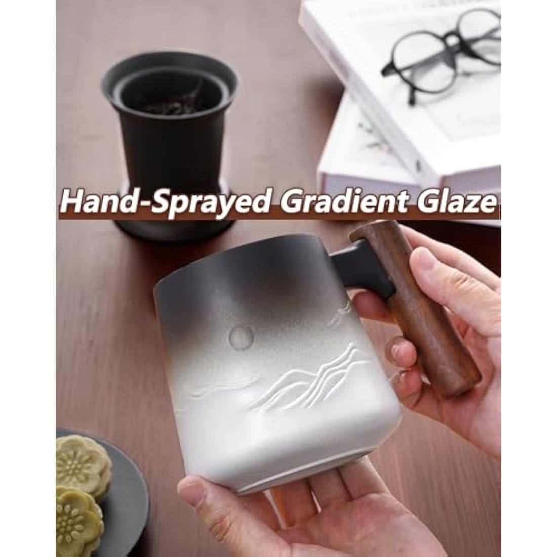 ZENS Tea Mug with Infuser and lid for Loose Tea, 430 ML Embossed Ceramic Tea Cup with Strainers for for Hot Tea Diffusers, Wood Handle Loose Leaf Tea Mug Tea Accessories for Tea Lovers Gifts