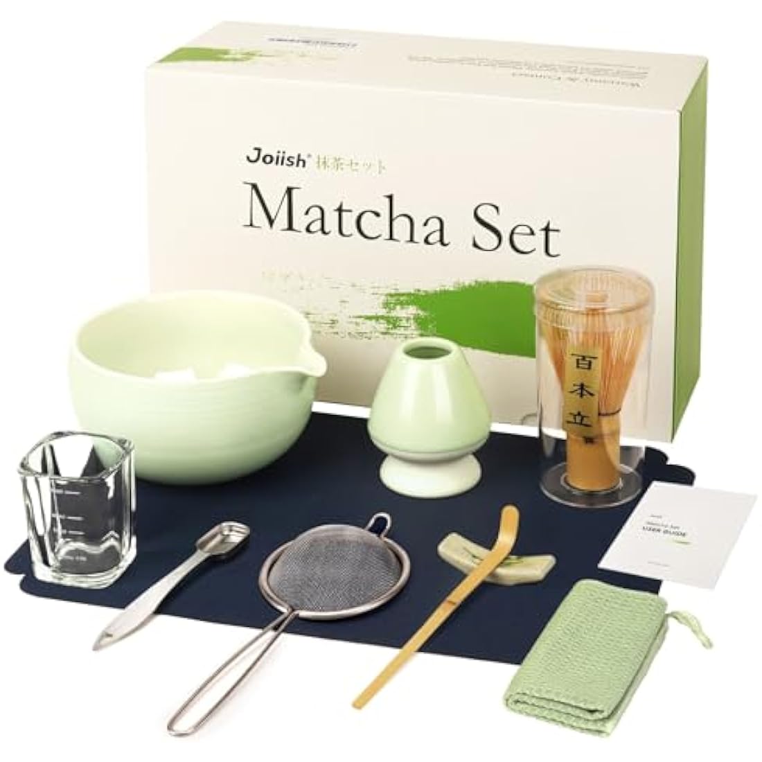 Joiish 10-Pcs Matcha Set, Bamboo Whisk and Bowl with Spout & Measuring Spoon, Chasen Holder, Sifter, Complete Matcha Tea Kit (Light Green)