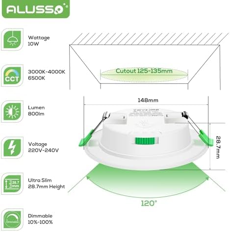 ALUSSO LED Recessed Ceiling Spot Lights Dimmable, 10W IP44 Ultra Slim Downlights 230V 800LM, Warm White 3000K Neutral White 4000K Cool White 6500K Adjustable Lights for Living Room Bathroom, 6 Pack