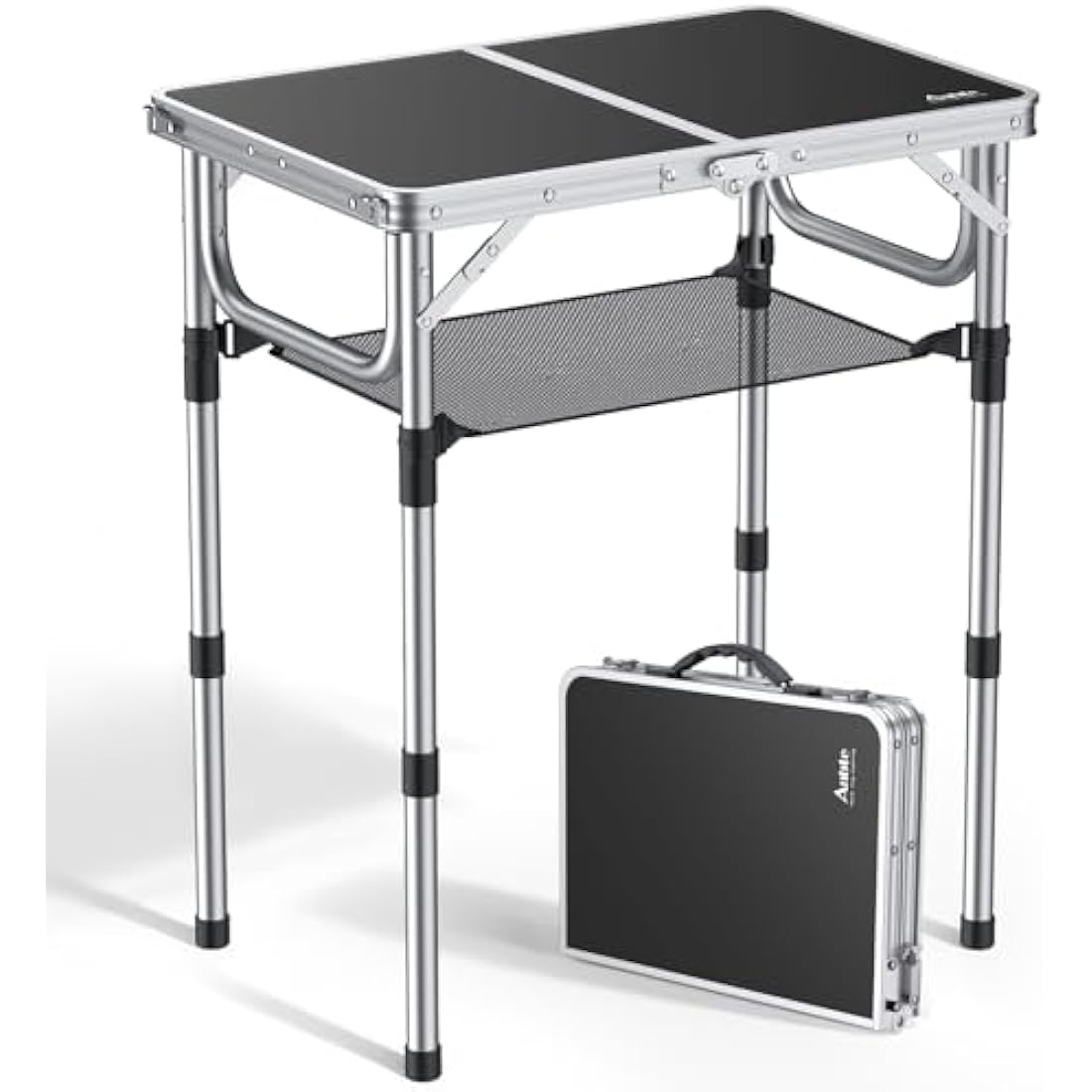 Anbte Folding Camping Table with Storage Net, 3 Adjustable Heights Aluminum Picnic Table, 2ft Portable Table Waterproof Lightweight, for Outdoor Indoor Garden Beach Backyard, 60cm x 40cm, black