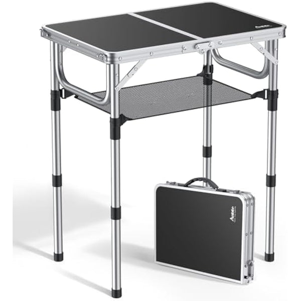 Anbte Folding Camping Table with Storage Net, 3 Adjustable Heights Aluminum Picnic Table, 2ft Portable Table Waterproof Lightweight, for Outdoor Indoor Garden Beach Backyard, 60cm x 40cm, black